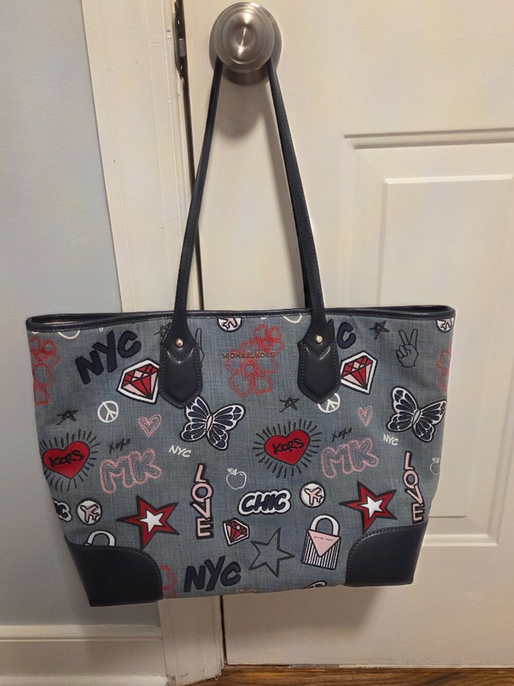 Michael Kors Large Denim Blue Eva Denim Tote Purse Graffiti Bag immaculate